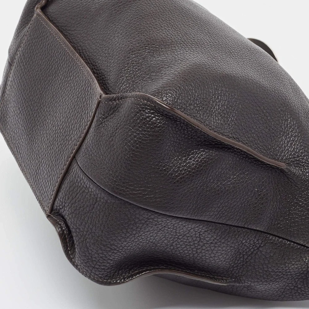 Furla Dark Brown Grained Leather Ring Handle Hobo